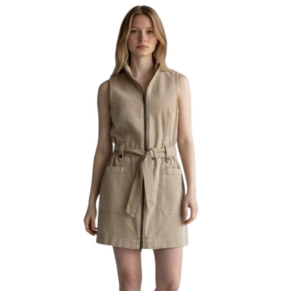 NWT! THRILL! WEATHERED TAN/BEIGE DENIM POCKETED, BELTED CARGO STYLE DRESS! SZ 1X